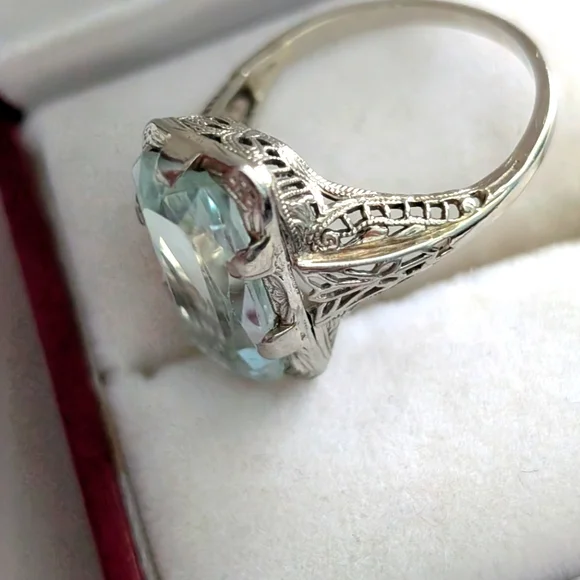 Art deco Filigree 14k White‎ Gold  Ring with Aquamarine - Picture 4 of 10